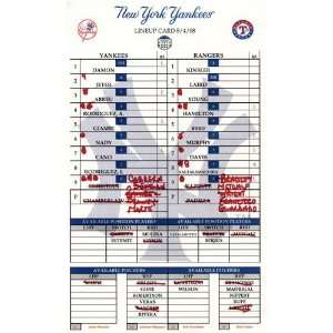  Yankees at Rangers 8 04 2008 Game Used Lineup Card Sports 