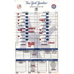  Yankees at Rangers 8 07 2008 Game Used Lineup Card Sports 