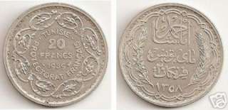 TUNISIA. TUNISIE. 20 FRANCS 1939. SILVER KM # 266  