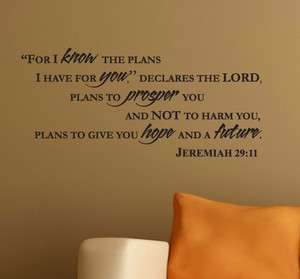 JEREMIAH 29:11 For I know the plans Wall Art/Decal Bible Verse 