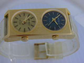 Vntg Travler NOS Dual Time Zone 2 Dial 2 Movement Wind up Mans Watch 