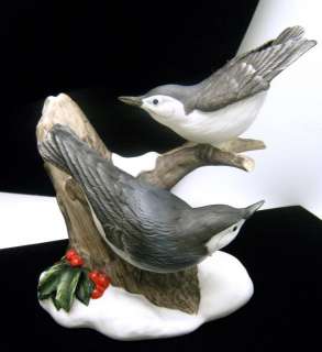 Vintage Bird Figurine Nuthatch Pair Snow Holly Lovely  