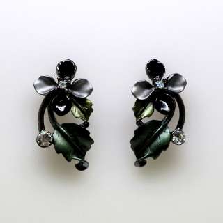 Black Enamel Flower Crystal Necklace Earrings Set s732  