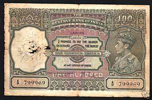INDIA PAKISTAN 100 RUPEES P20 1937 GB UK KING GEORGE VI LAHORE RARE 