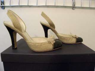 PRADA $1383 Tan Black Burlap Crocodile Heels Shoes 6B  