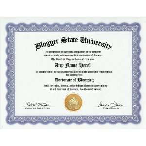 Blogging Blogger Blog Degree Custom Gag Diploma Doctorate Certificate 