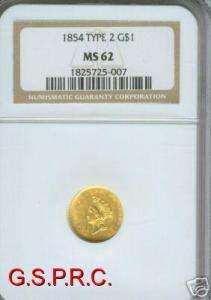 1854 $1 GOLD TYPE 2 NGC MS62 ONE DOLLAR COIN MS 62 RARE  