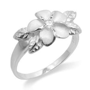  925 Sterling Silver Plumeria w/ Maile Leaf Ring Hawaiian 