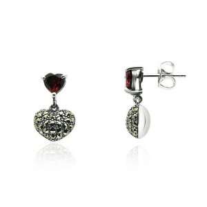    925 Sterling Silver Marcasite & Garnet Drop Earrings Jewelry