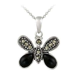    Sterling Silver Marcasite & Onyx Butterfly Pendant Jewelry