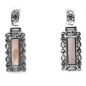  Marcasite with Pink Mother of Pearl Earrings, Size 38mm Jewelry