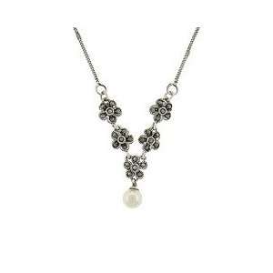   Silver Marcasite Simulated Pearl Station Style Necklace: Jewelry
