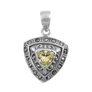   Sterling Silver & Peridot CZ Trillion Cut Shield Marcasite Pendant