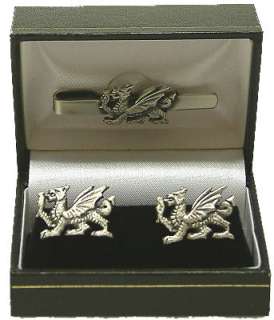 Hand made Pewter Cufflinks & Tie Pin Set with Welsh Dragon design.