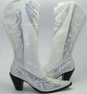 Womens WHITE Sequined COWBOY BOOTS Crystalized Evening WEDDING Shoes 