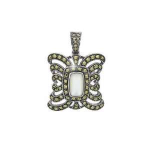    925 Silver Marcasite & Mother of Pearl Pendant/ Brooch Jewelry