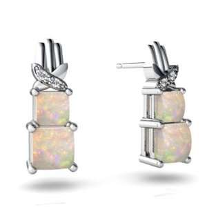  14K White Gold Square Genuine Opal Earrings: Jewelry