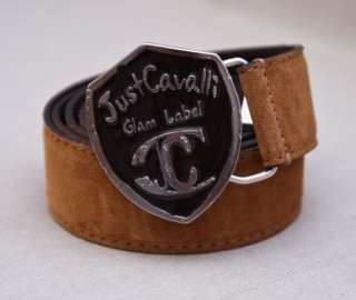 JUST CAVALLI   $185 brown SUEDE LEATHER BELT, shield buckle, NEW, Sz 