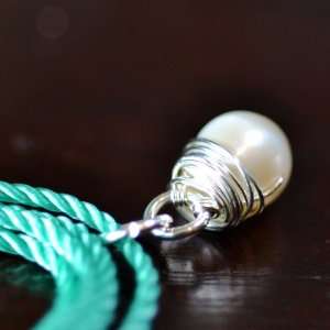 Sea Stone Pendant   white pearl wire wrapped in silver 