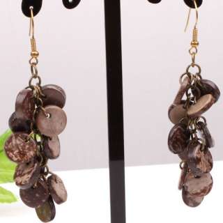 Brown Coconut Shell Coin&Button Beads Dangle Earrings  
