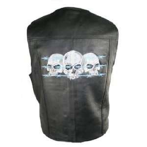  Mens Black Skull and Barbwire Embroidered Leather Vest Sz 