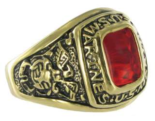 Ring Mens Gold Ge Red Glass Us Marines Military Sz 12  