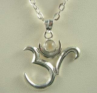 Thick 925 Silver Om Ohm Aum Moonstone Pendant Necklace  
