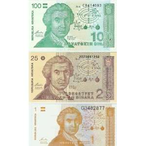    CROATIA (1993)   1, 25 & 100 DINARA BANKNOTES SET 
