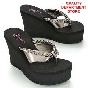 NEW WOMENS CANDIES BRAIDED WEDGE FLIP FLOPS CHOICE OF COLORS & SIZES 
