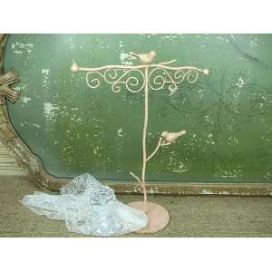  Antique Pink Tree w Bird Jewelry Holder Stand Vanity 