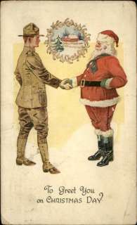 Christmas Santa Claus w Military Soldier in Uniform c1910 Postcard 