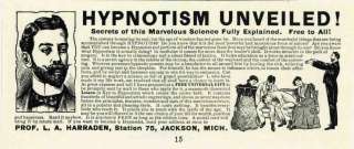 1899 Ad, HYPNOTISM UNVEILED. Hypnosis  