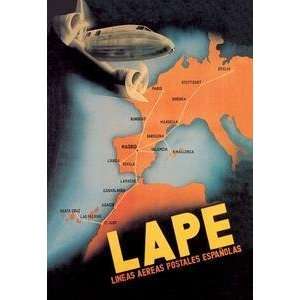  Vintage Art LAPE   Spanish Postal Airlines European Routes 
