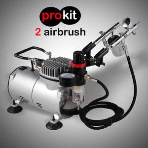 New Pro Airbrush Kit 2 Dual Action Airbrush Compressor Set Hobby 