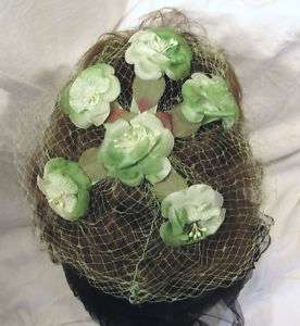 Ladies Vintage Hat Mint Green Roses Net Veil Fascinator  