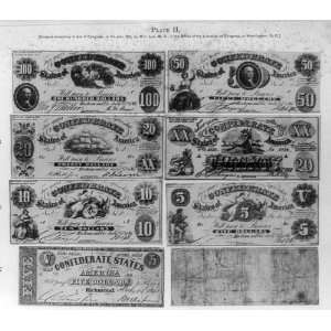 Eight Confederate bills ranging,value,five,one hundred dollars 