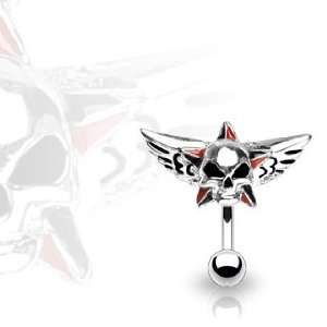   Red Star with Winged Star Skull Belly Ring   14G   3/8 Bar Length