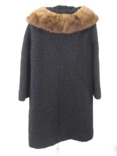 VNTG BERROCO Mink Fur Collar Black Wool Blend Coat Sz 6  
