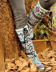 Anja Boot in Blue Birds, Hmong Embroidery & Batik Lace Up Knee High 