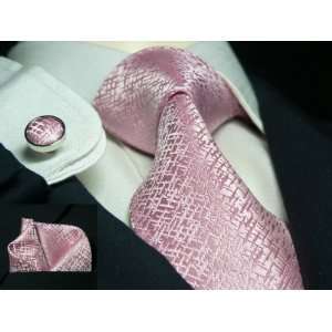 Landisun 263 Light Pink Solids Mens Silk Tie Set: Tie+Hanky+Cufflinks 