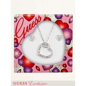    GUESS ADJUSTABLE OPEN HEART NECKLACE & EAR, SILVER Jewelry