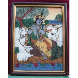  Krishna with his six cow, Elegant Gem Stone Painting, Art 