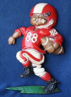   Football Player Plaque Statue Wall Art Hanging Figurine 1970s Red