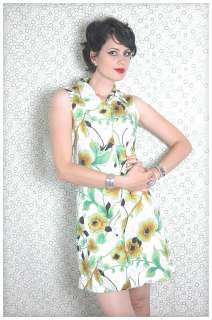 VINTAGE 60s GREEN FUNKY FLORAL Sleeveless SUMMER Retro Hip Shift 