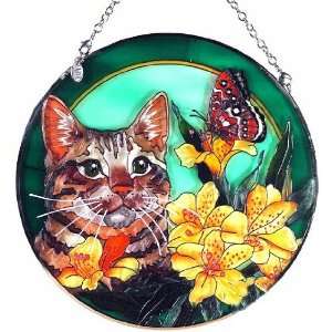   Stained Art Glass Suncatcher   Tabby Cat Butterfly