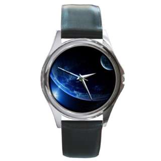 Neon Blue Earth and Moon Space Astronomy Black Watch  