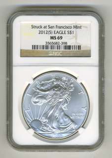 2012 S STRUCK AT SAN FRANCISCO SILVER AMERICAN EAGLE MS69 BROWN LABEL 