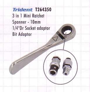 Trident 3 in 1 Mini Ratchet 10 mm Wrench 1/4 sq Adaptor & 1/4 Hex 