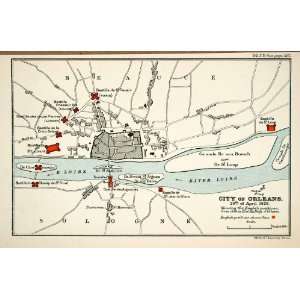1892 Lithograph Map Siege Orleans France England Bastille River Loire 