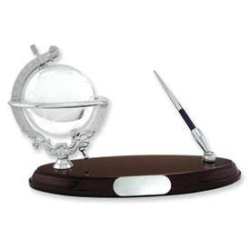 New Mahogany Silver Tone Crystal Globe Pen Stand  